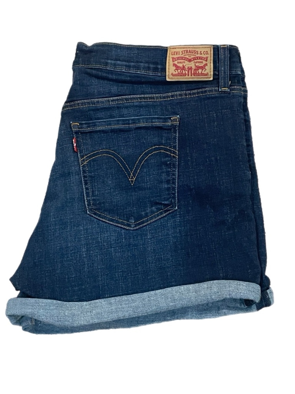 Womens Levis Mid Length Denim Jean Shorts Cuffed Distressed Stretch Dark Wash 34